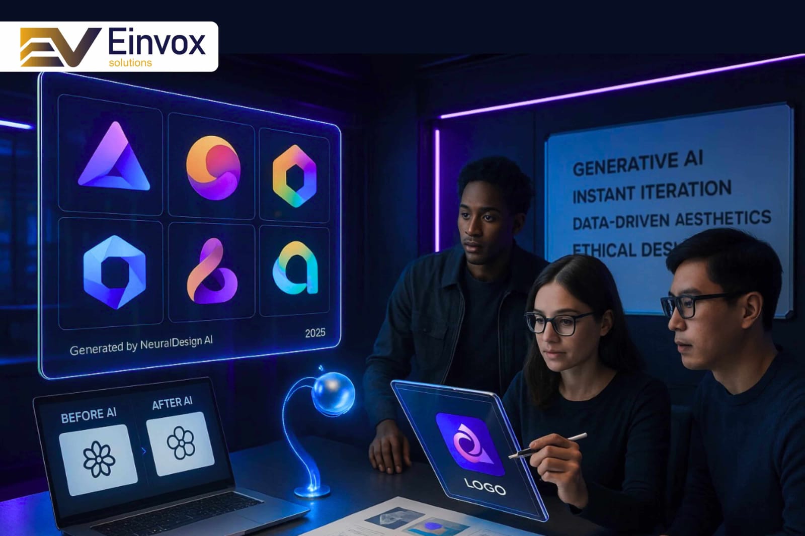 AI-generated logo design comparison showcasing NeuralDesign AI's 2025 tools for instant iteration, data-driven aesthetics, and ethical branding. Before-and-after examples highlight generative AI's impact on modern graphic design